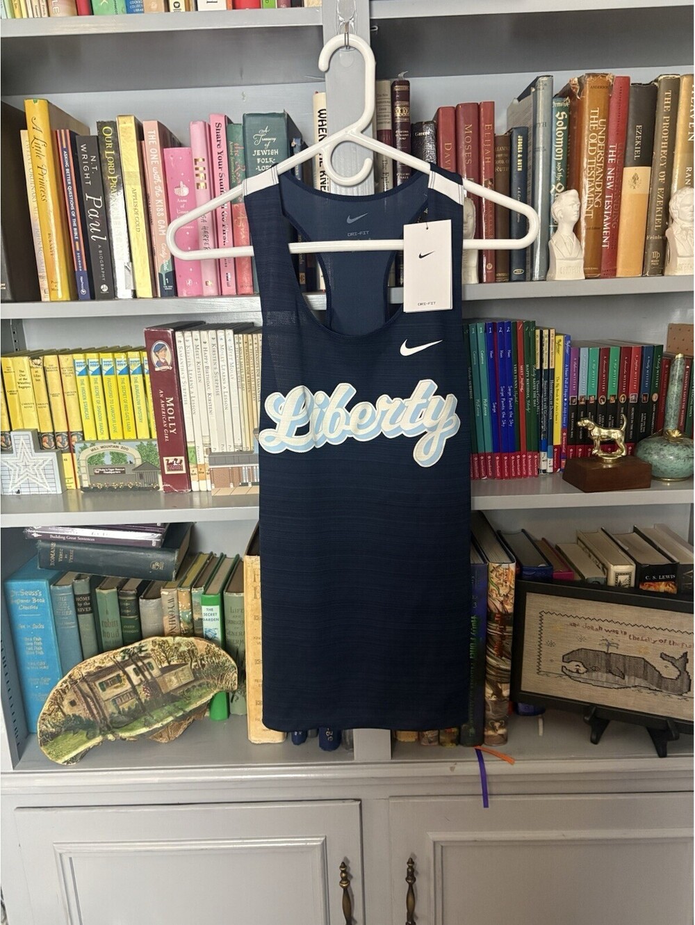 NWT Liberty Flames Nike Sleeveless Shirt Womens Large Dri Fit Navy Blue Tank Top